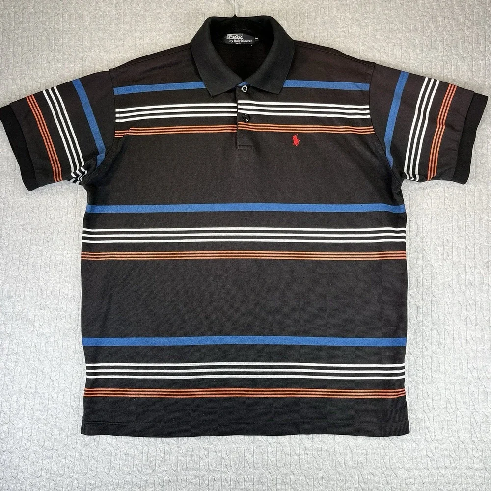 Polo Ralph Lauren Vintage Men Polo Dress shirt L Striped Red‎ Pony short sleeve